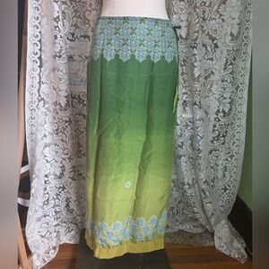 Vintage 100% Silk Green Ombre Maxi Wrap Skirt w/ Geometric Teal Trim Hippie Boho